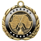 Colored Ring Racing Medal that has finish line flags and a trophy. Colored Ring Racing Medal that has finish line flags and a trophy.